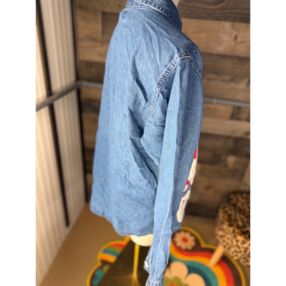 Vintage Snowman Embroidered Denim Button Down Shirt Christmas Holiday Blue - Picture 8 of 12